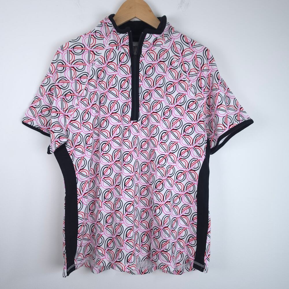 NEW Talbots UPF 50+ Pique Half-Zip Polo Interlacing Loops Pink Red White SZ XL
